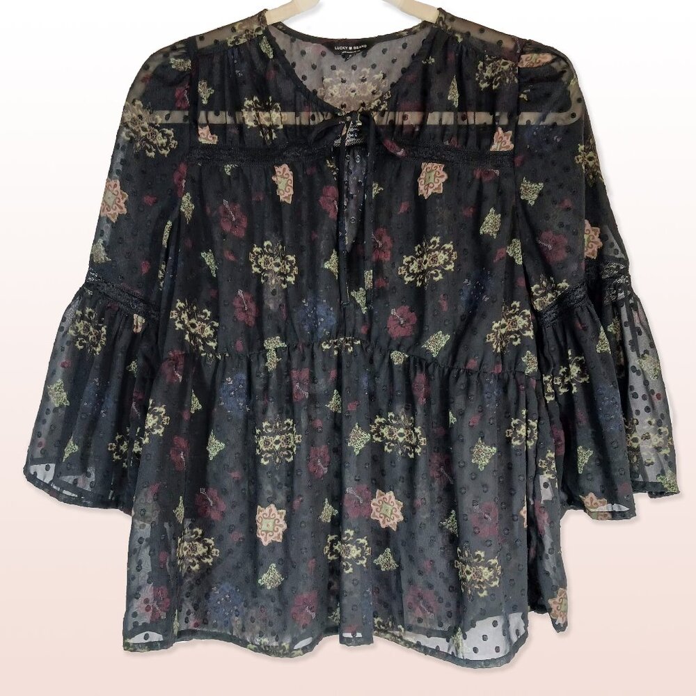 Lucky Brand Black Sheer Flouncy Top Velvet Dots Floral Size S
